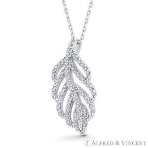 Plant Leaf Charm Nano Crystal or CZ Pendant in .925 Sterling Silver w/ Rhodium